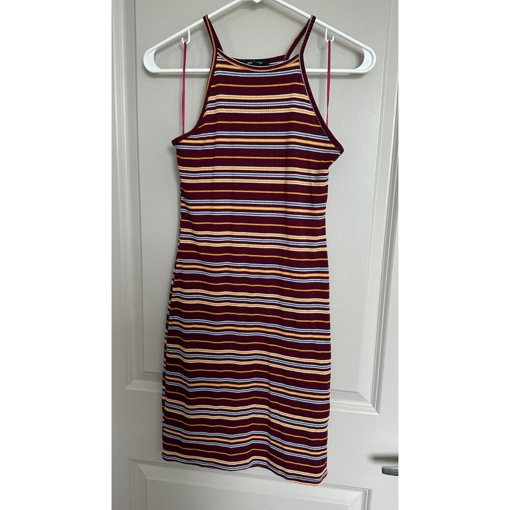 Ambiance Marroon Striped High Collar Mini Tight Dress Women's Sz Medium